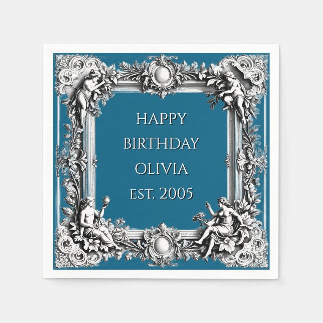 Custom Victorian Scroll Frame Napkin – dark blue Pappersservett (Framsidan)