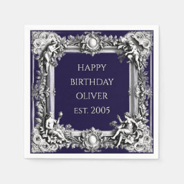 Custom Victorian Scroll Frame Napkin – navy blue Pappersservett