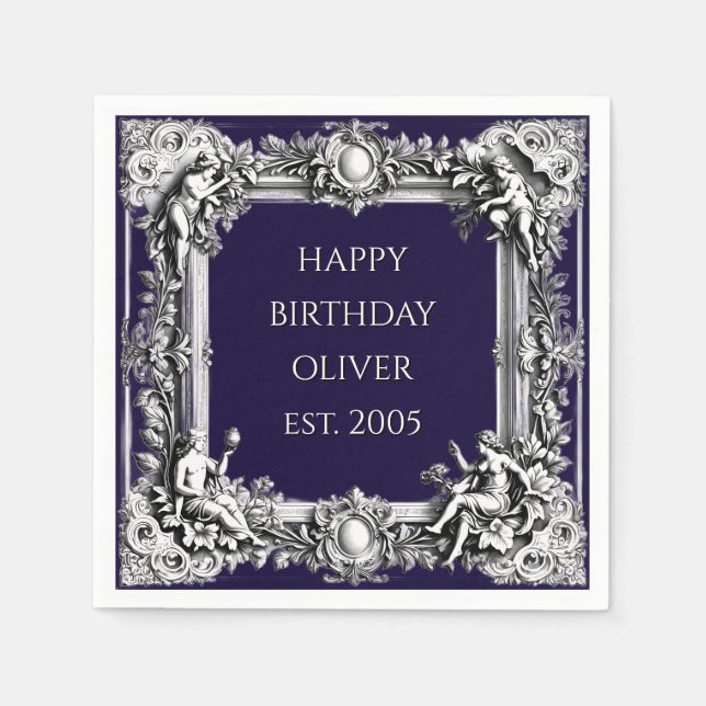 Custom Victorian Scroll Frame Napkin – navy blue Pappersservett (Framsidan)