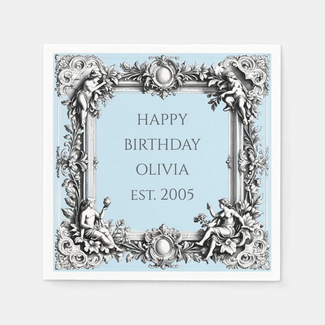 Custom Victorian Scroll Frame Napkin – pale blue Pappersservett (Framsidan)