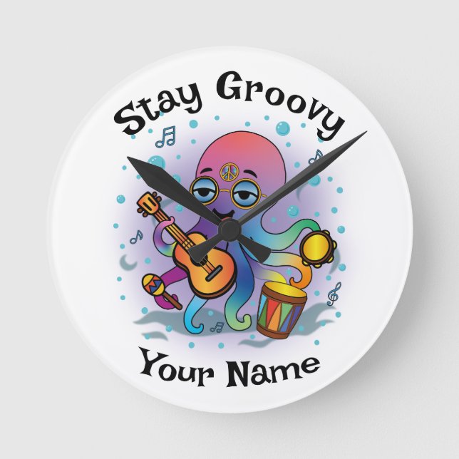 Custom Wall Clock | Retro Octopus | Name & Text Rund Klocka (Framsida)
