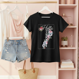 Custom Watercolor Floral Typography Hello Summer T Shirt