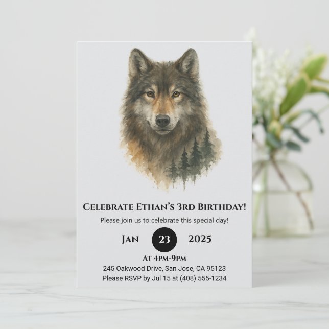 Custom Watercolor Wolf Birthday  Inbjudningar (Stående Fram)