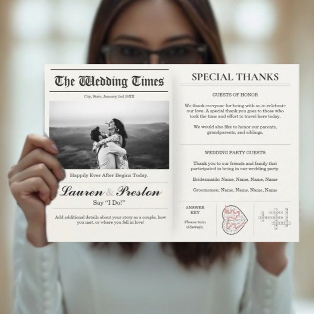 Custom Wedding Newspaper - Fun Guest Activity Book Inbjudan (Newspaper Wedding - Party Games Crossword)