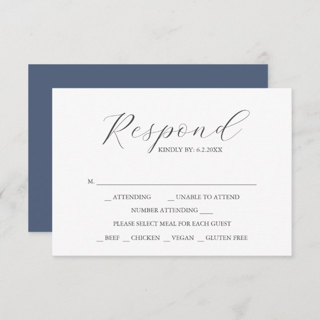 Custom Wedding RSVP Cards Navy Blue OSA Kort (Fram/baksida)