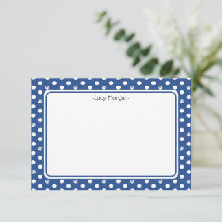 Custom Whimsical Paw Print Polka Dot Blue Note Kort