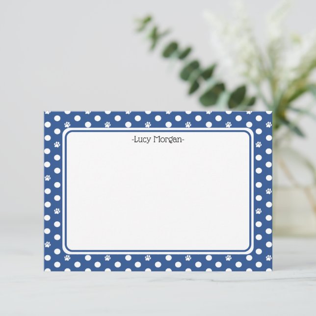 Custom Whimsical Paw Print Polka Dot Blue Note Kort (Stående Fram)