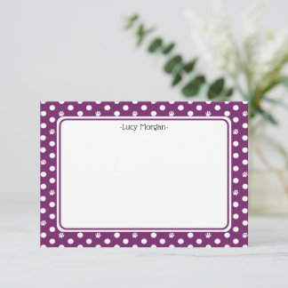 Custom Whimsical Paw Print Polka Dot Purple Note Kort