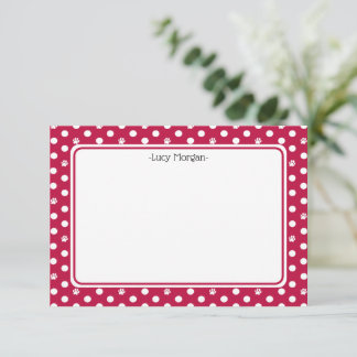 Custom Whimsical Paw Print Polka Dot Red Note Kort