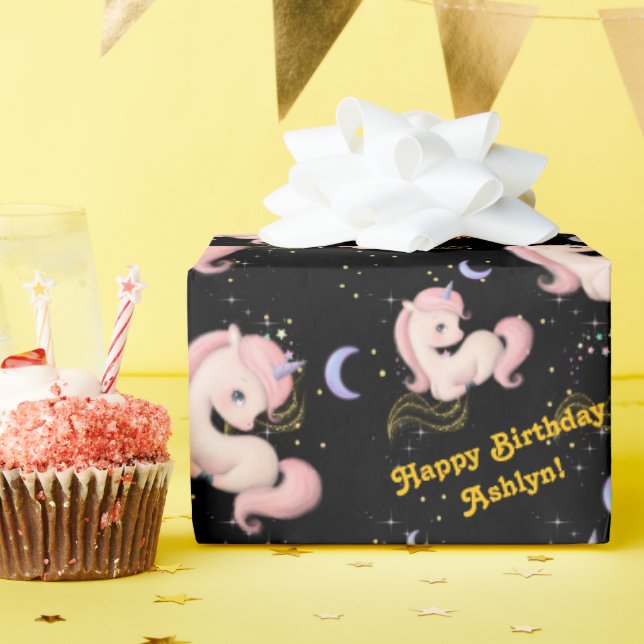 Custom Whimsical Pink Unicorn Girls Birthday |  Presentpapper (Födelsedagsfest)