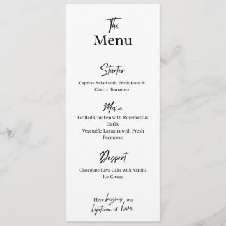 Custom White Menu Card . Wedding, Party, or Dinner Meny