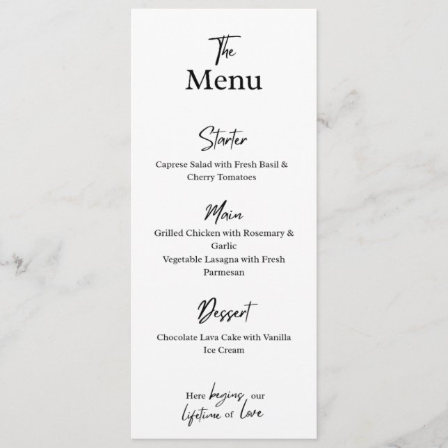 Custom White Menu Card . Wedding, Party, or Dinner Meny (Framsida)