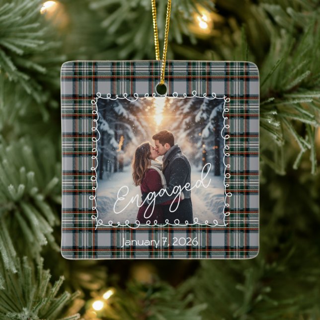 Custom Winter Engagement Photo Card with Tartan  Julgransprydnad Keramik (Träd)