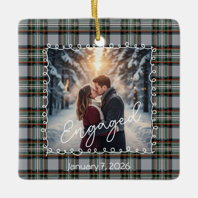 Custom Winter Engagement Photo Card with Tartan  Julgransprydnad Keramik (Framsida)