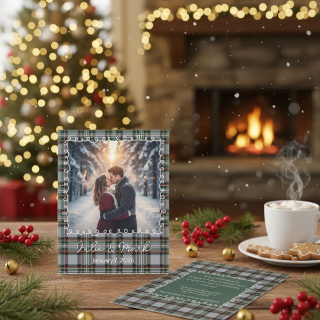 Custom Winter Engagement Photo Card with Tartan  Julkort (Skapare uppladdad)