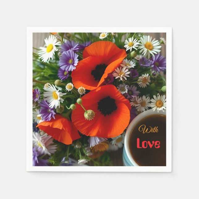 Custom "With Love"  Cup of Coffee & Red Poppies  Pappersservett (Framsidan)