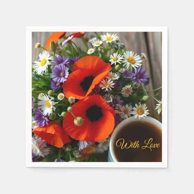 Custom "With Love"  Cup of Coffee & Red Poppies  Pappersservett (Framsidan)