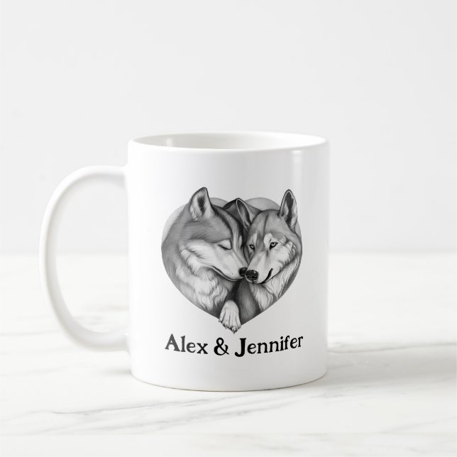 Custom Wolf Couple Names Personalized Kaffemugg (Vänster)