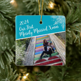 Custom Year Our First Merrily Married Xmas Photo Julgransprydnad Keramik