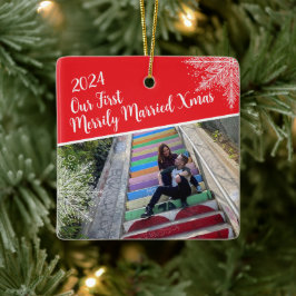 Custom Year Our First Merrily Married Xmas Photo Julgransprydnad Keramik