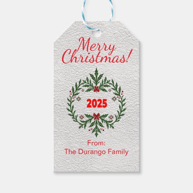 Customisable Christmas Party Festive Floral Wreath Presentetikett (Framsidan)