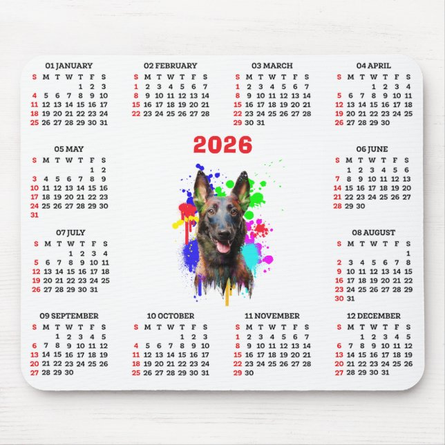 Customisable Cute Malinois Dog Calendar Musmatta (Framsidan)