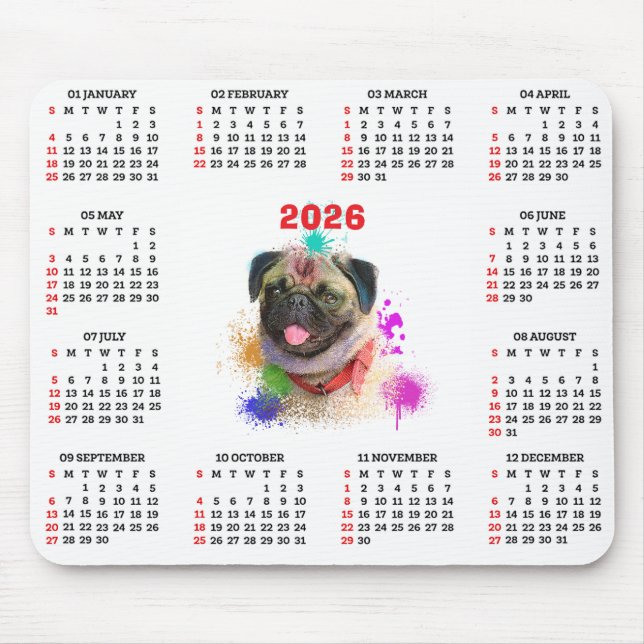 Customisable Cute Pug Dog Calendar  Musmatta (Framsidan)