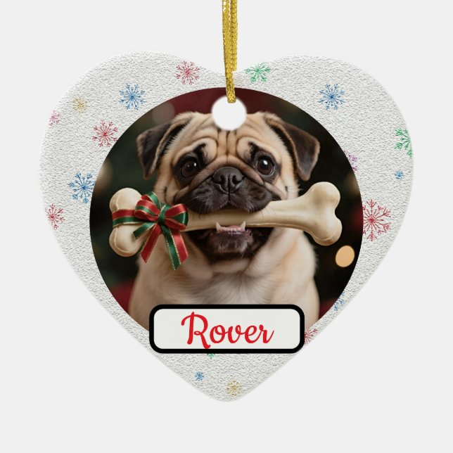 Customisable Dog And Bone Pet Heart Christmas Julgransprydnad Keramik (Framsidan)