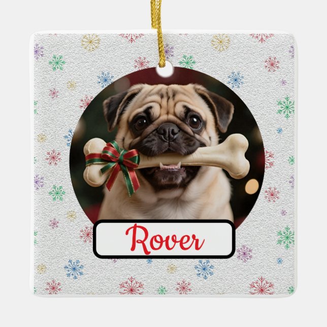 Customisable Dog And Bone Pet Square Christmas Julgransprydnad Keramik (Framsida)