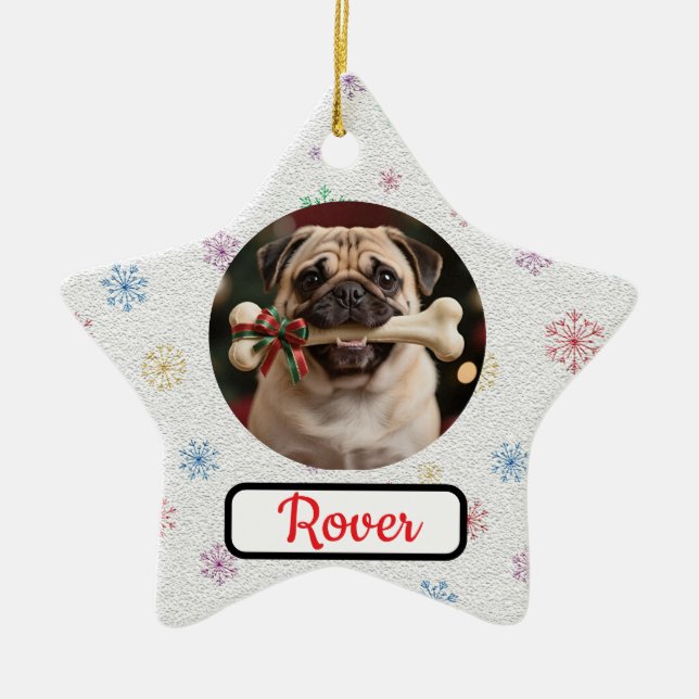 Customisable Dog And Bone Pet Star Christmas Julgransprydnad Keramik (Framsidan)
