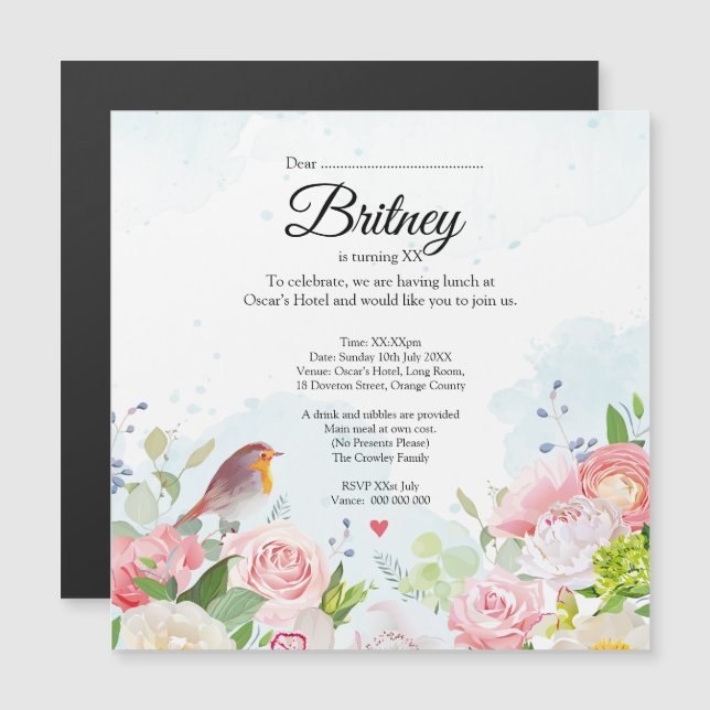 Customisable Female Birthday Invitation – Editable (Fram/baksida)