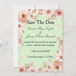 Customisable Floral mint Pink Roses Save the Date Inbjudningar