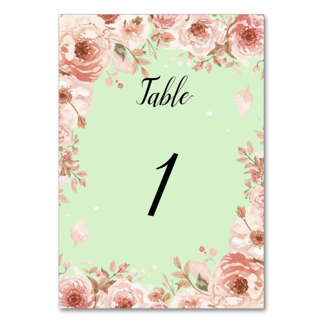 Customisable Floral Wedding mint and Pink Roses  Bordsnummer (Framsidan)