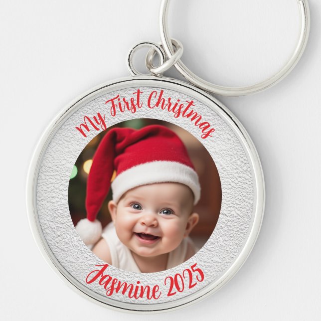 Customisable Premium Circle Baby First Christmas Rund Silverfärgad Nyckelring (Framsidan)