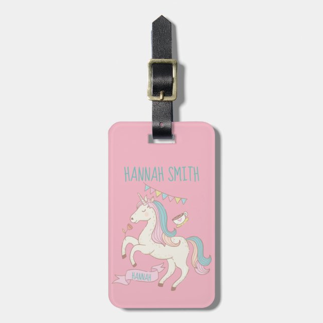 Customisable rosa Unicornbagageetikett Bagagebricka (Vertikal Framsida)