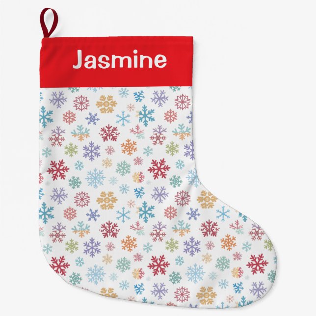 Customisable Text White Christmas Snowflake Stor Julstrumpa (Framsidan)