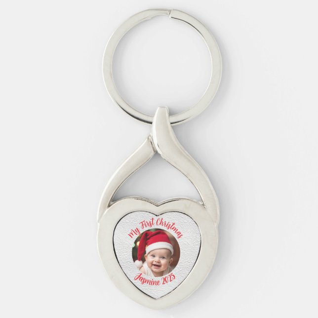 Customisable Twisted Heart Metal Baby First Xmas Twisted Heart Silverfärgad Nyckelring (Framsidan)