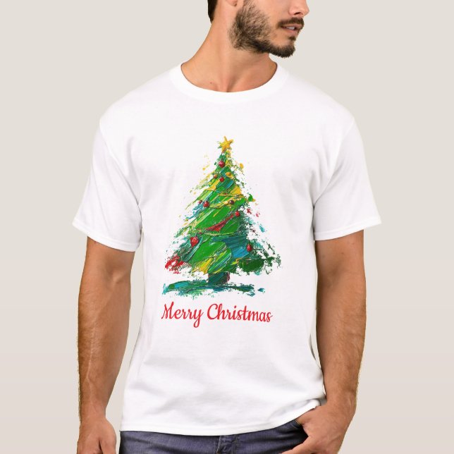 Customisable Xmas Tree Oil Painting Art Style T Shirt (Framsida)