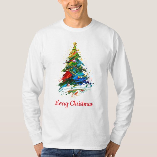 Customisable Xmas Tree Oil Painting Longsleeve T Shirt (Framsida)