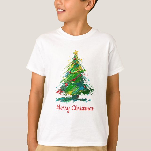 Customisable Xmas Tree Oil Painting Style Child T Shirt (Framsida)
