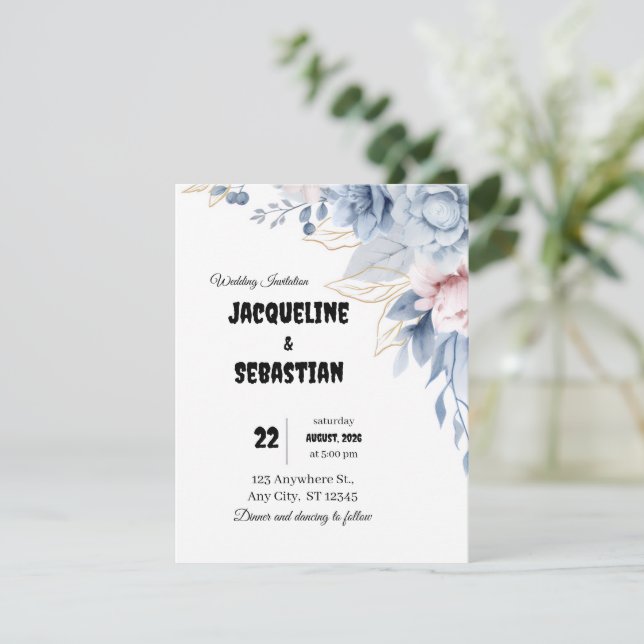 Customizable Blue Floral Wedding Inbjudningar (Stående Fram)