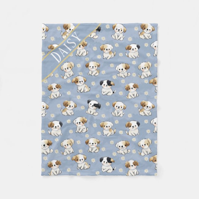 Customizable Blue Puppy and Floral Pattern  Fleecefilt (Framsidan)