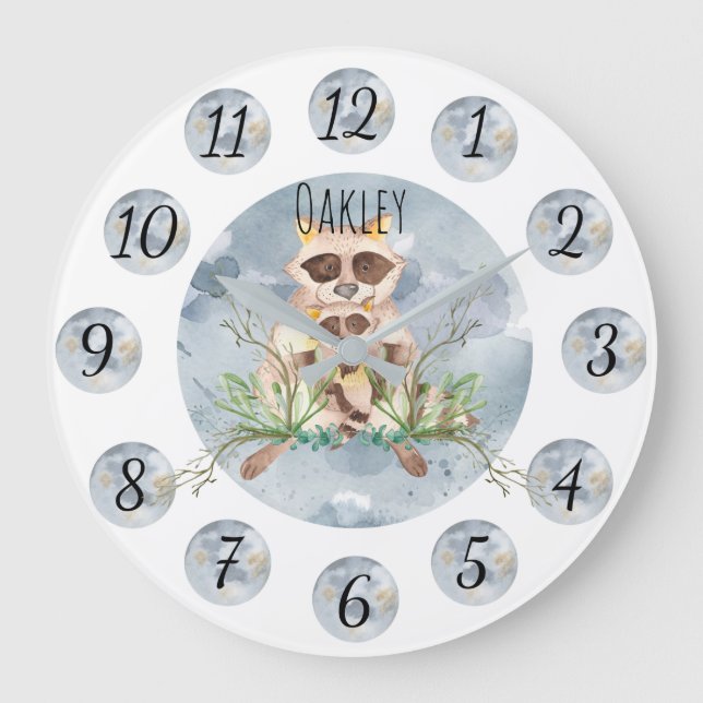 Customizable Blue Raccoon Nursery Clock Large Stor Klocka (Framsida)