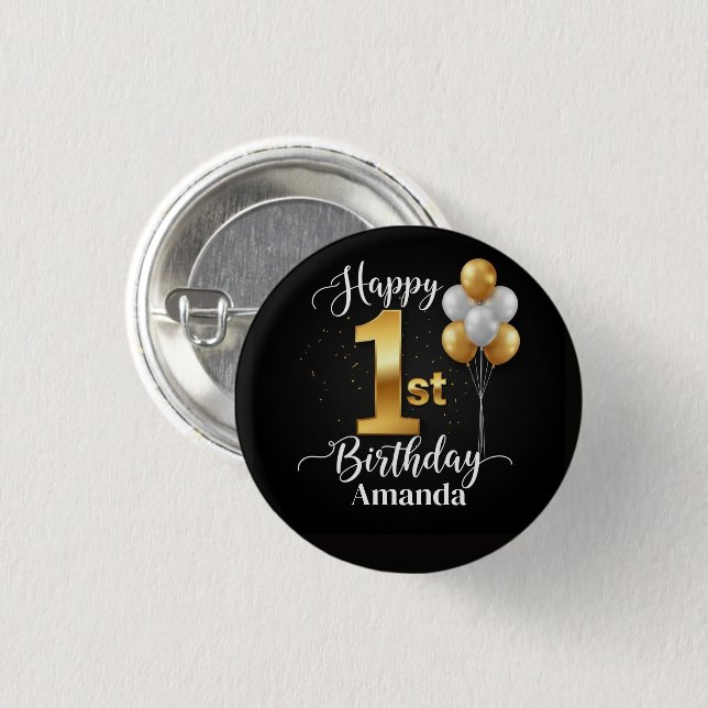 Customizable Button for 1st Birthday (Black/Gold) Knapp (Framsida & baksida)
