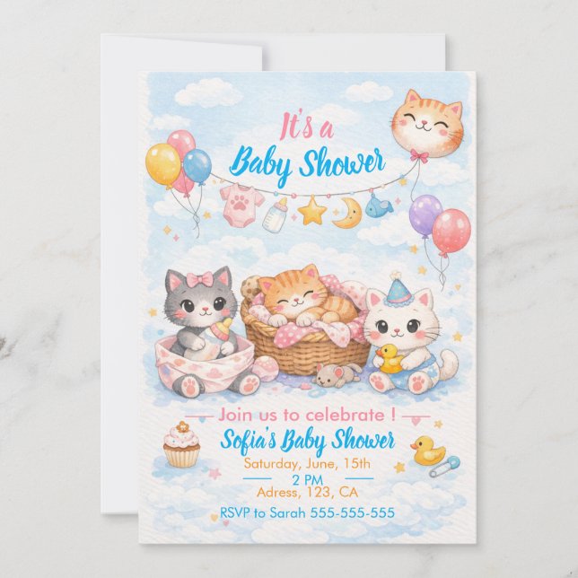 Customizable Cat-themed Baby Shower Invitation Inbjudningar (Framsida)
