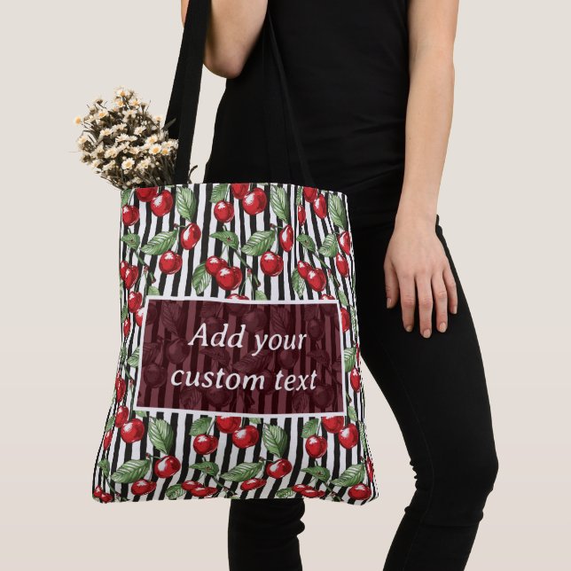 Customizable Cherry Striped Tote Bag Tygkasse (Närbild)