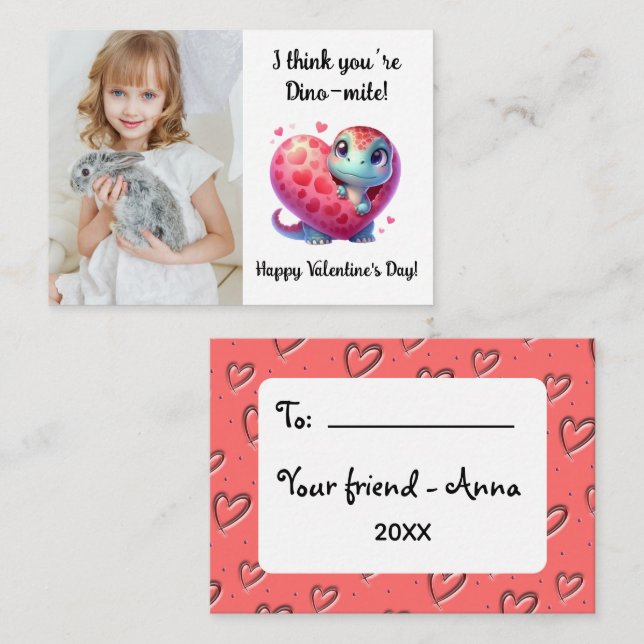Customizable Dino-mite Valentine’s Day Classroom Anteckningskort (Fram/baksida)