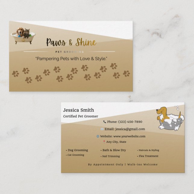Customizable Dog & Cat Groomer Contact Card | Edit Visitkort (Fram/baksida)