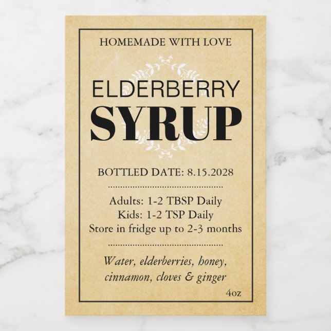 Customizable Elderberry Syrup Label ZEB_04a Vinetikett (Enkel etikett)