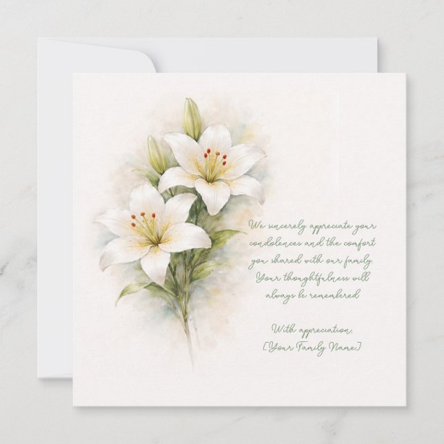 Customizable Funeral White Lily Thank You Card Tack Kort (Framsida)